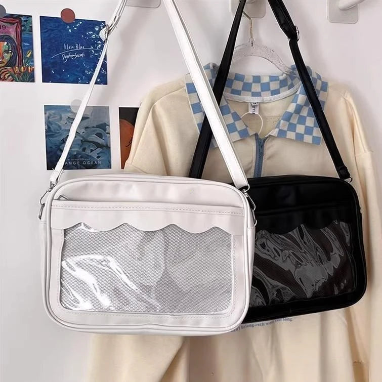 Women's PU Transparent Pocket Ita Bag | High School Girls JK Uniform Crossbody Shoulder Handbag (Fashion Satchel) Luxegan