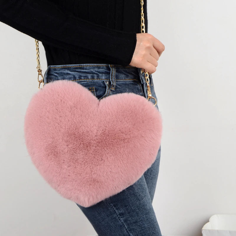 Corduroy Floral Casual Tote | Soft Cute Heart-Shaped Faux Fur Chain Shoulder Bag Luxegan