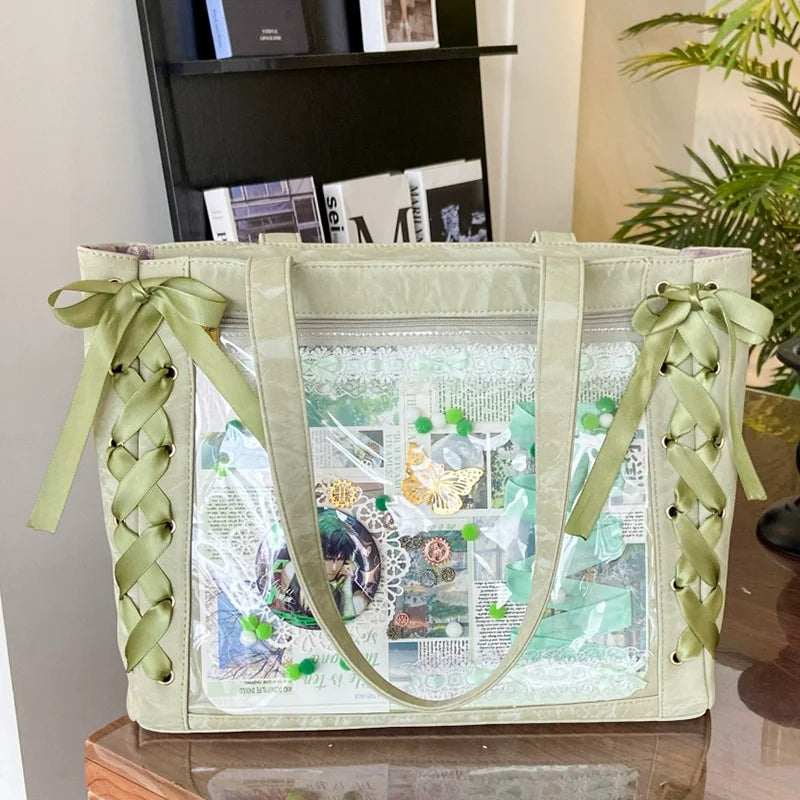 New Versatile Fashion Ribbon Ita Bag | Large Capacity Anime Millet Bag | Sophisticated Green Lace & Bow Shoulder Tote | Fashion-Forward Canvas Daily Outfit Bag with Artisan Charm Luxegan
