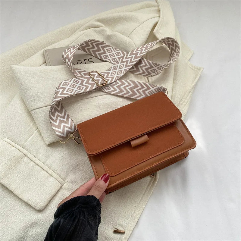 Fashion Wide Strap Crossbody Bag | Sophisticated Square Matte PU Leather Shoulder Bag | Elegant Casual Flap Handbag | Luxury "Dignified" Moderate-Hardness Purse with Applique Decoration Luxegan