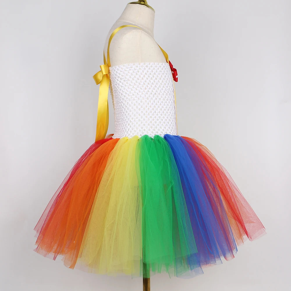 Funny Circus Clown Tutu Dress for Girls | Naughty Joker Cosplay Costume | Rainbow Patchwork Hand-Woven Carnival Party Ball Gown for Kids Luxegan