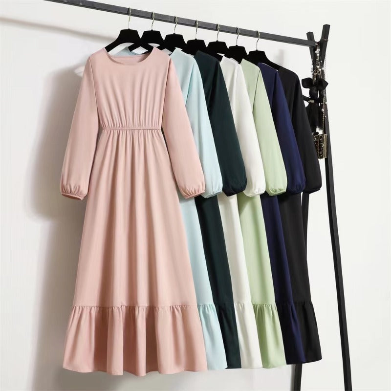 Women's Solid Chiffon Muslim Maxi Dress | Long-Sleeve Casual Loose Fit A-Line Dress | Full-Sleeve O-Neck Spring Autumn Ankle-Length Robe Luxegan