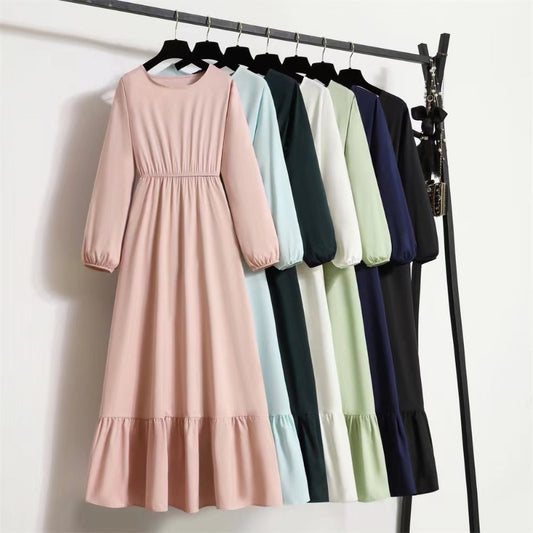 Women's Solid Chiffon Muslim Maxi Dress | Long-Sleeve Casual Loose Fit A-Line Dress | Full-Sleeve O-Neck Spring Autumn Ankle-Length Robe Luxegan