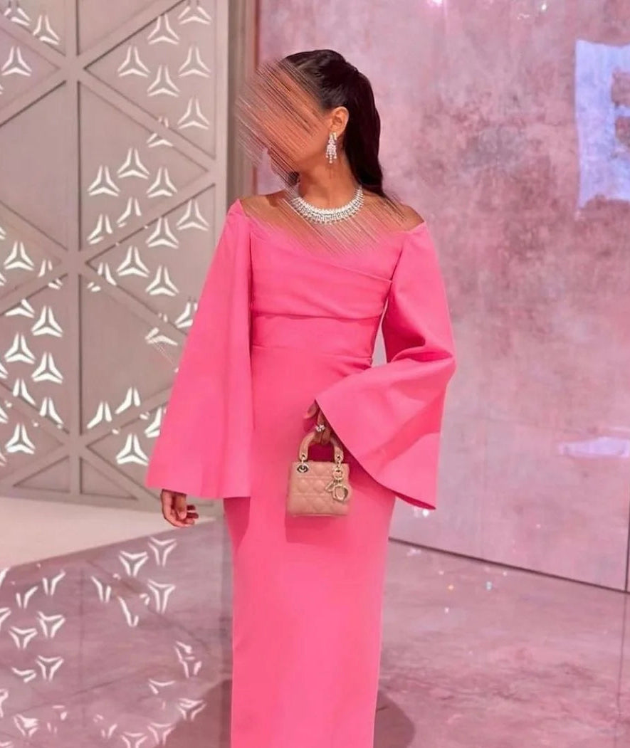 Elegant Dubai Mermaid Prom Dress | Off-the-Shoulder Full-Sleeve Evening Party Gown | Simple Satin Floor-Length Formal Celebration Dress Luxegan