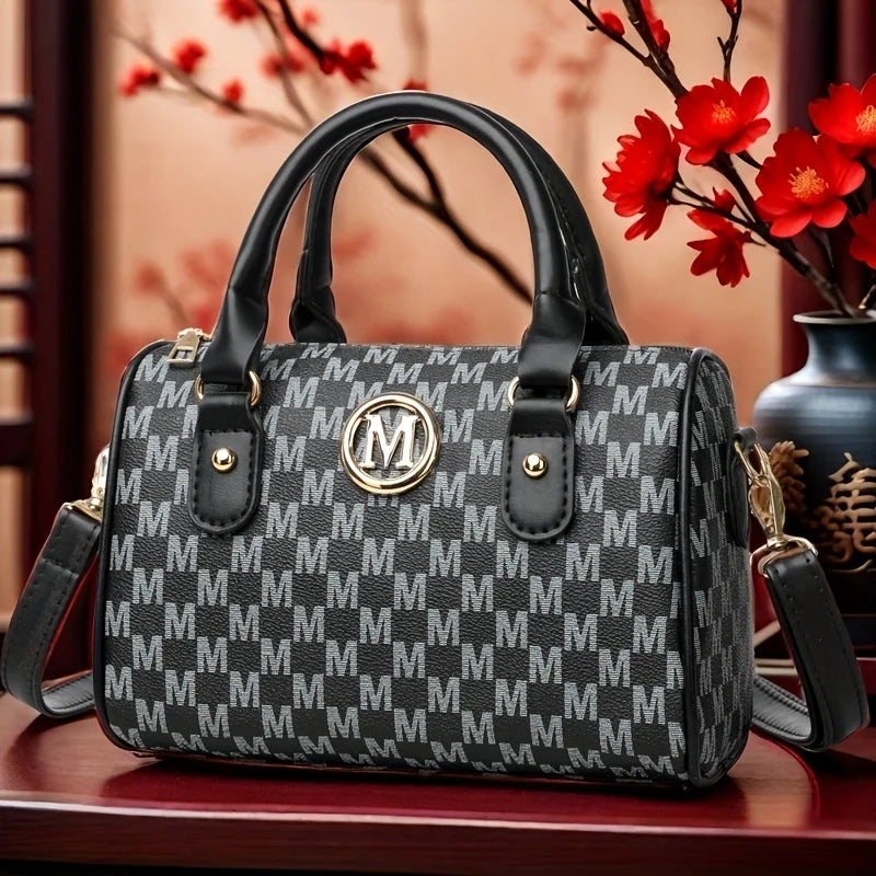 Vintage PU Leather Alphabet Bag | Golden "M" Logo Crossbody Purse Luxegan