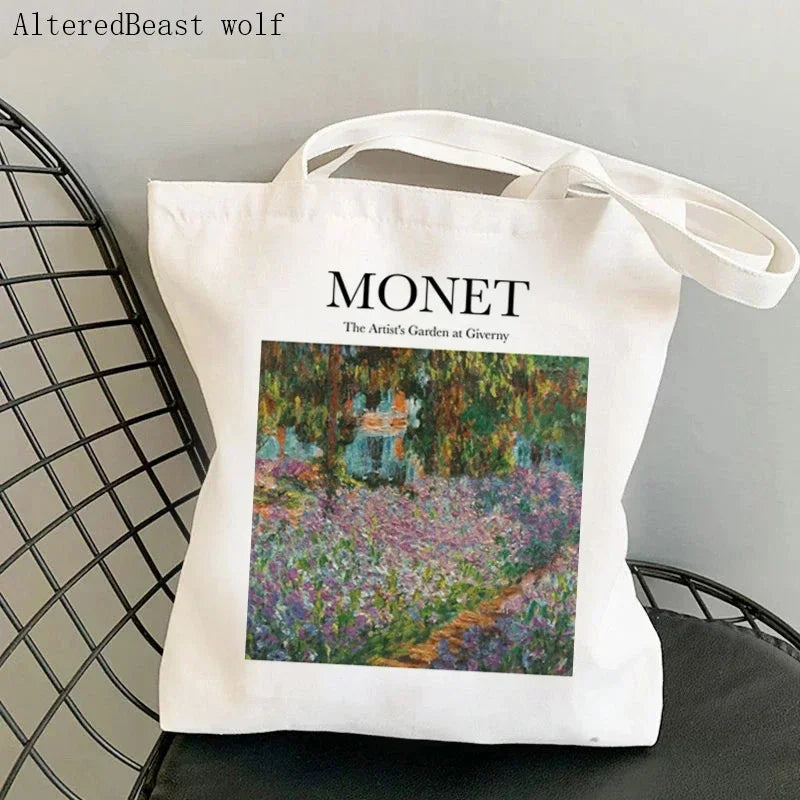 Monet Water Lilies Canvas Shoulder Bag | Sophisticated Kawaii Harajuku Shopping Tote | Elegant Art-Inspired Shopper Handbag | "Dignified" Durable Square Purse for Versatile Daily Styling Luxegan