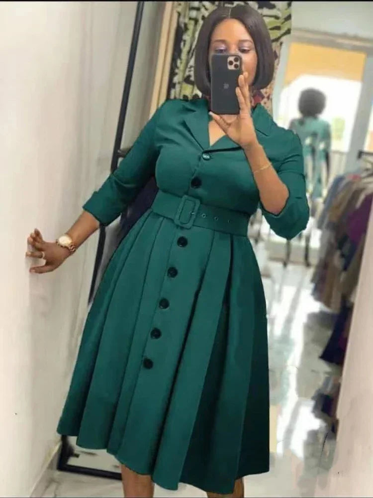 Solid Notched Lapel Long Sleeve Belted Slim Fit Fit-and-Flare Knit Mid-Calf Dress – Empire Waist, All Season Luxegan