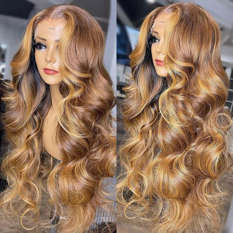 Honey Blonde Highlight Body Wave HD Lace Wig | Sophisticated 13x6 Transparent Frontal | Elegant "Brazilian Remy" Silhouette | "Dignified" Pre-Plucked Ombre Colored Human Hair for Radiant Versatile Styling Luxegan