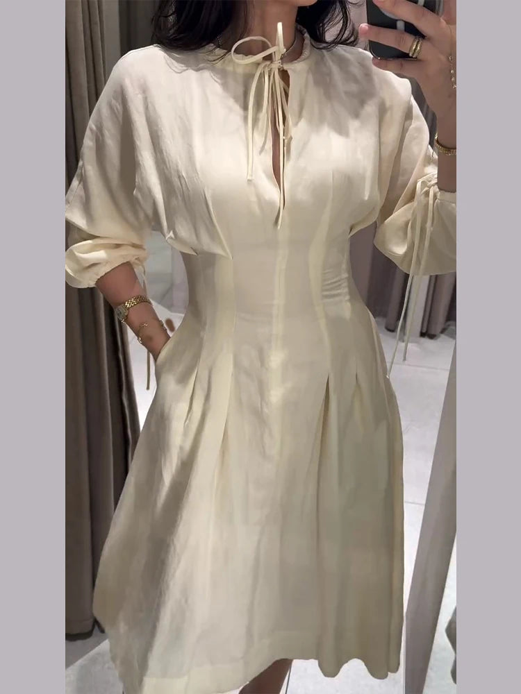 Women's Lace-Up Lantern Sleeve A-Line Midi Dress Luxegan