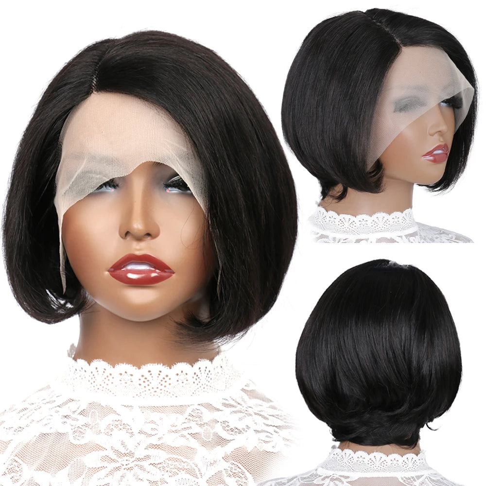Asymmetrical Side-Part Straight Pixie Bob Wig | 13x1 Transparent Swiss Lace Frontal Wig | 100% Brazilian Remy Human Hair Short Straight Pixie Cut Wig for Women (Natural Black) Luxegan