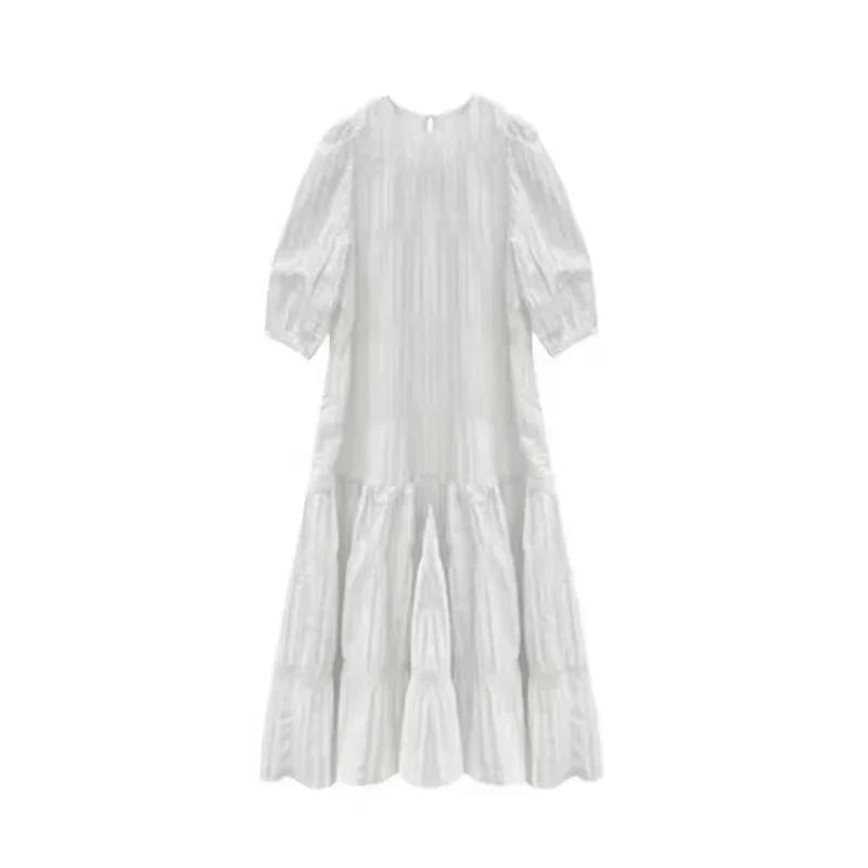Chiffon Puff Sleeve Midi Dress | O-Neck Empire Waist Loose Beach & Party Dress Luxegan