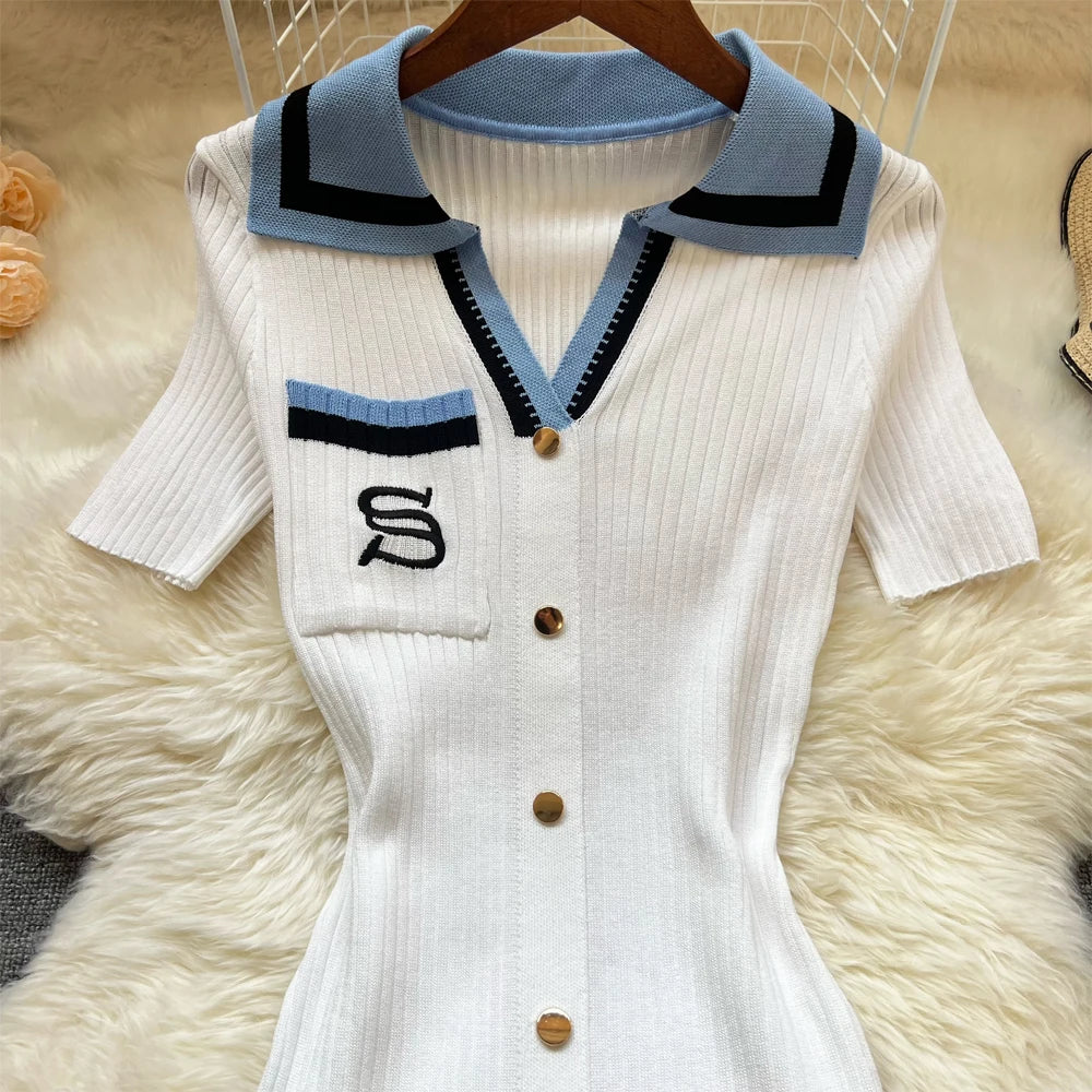 Brand Fashion Summer Knitted Bodycon Dress | Y2K Embroidered Long Sweater Dress | Short-Sleeve Turn-Down Collar Slim Streetwear Midi Luxegan