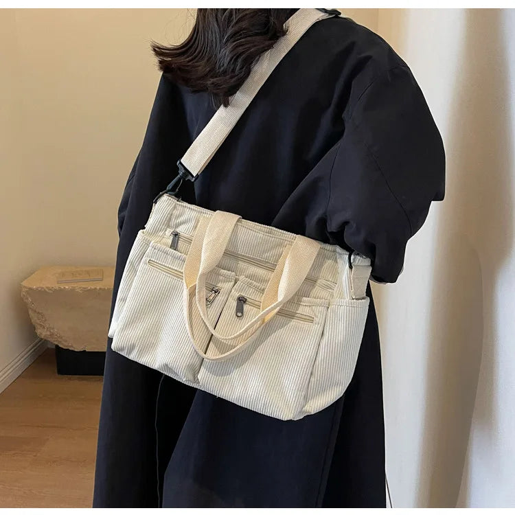 Female Large Capacity Corduroy Tote Bag | New Korean Style Fashion Women's Shoulder Crossbody Bag (Worker Commuter Handlebag)