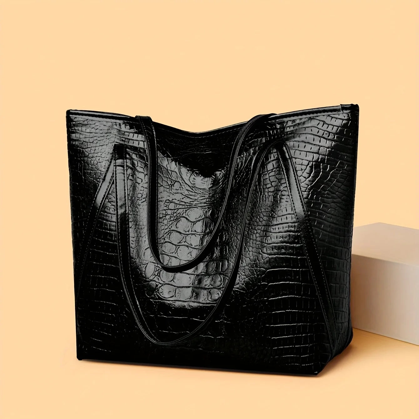 Large Stylish Black Crocodile Print PU Tote Bag for Women Luxegan