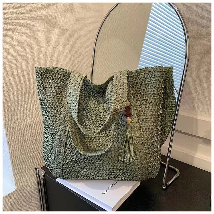 Fashion Straw Summer Large Capacity Tote Bag | Women's Shoulder Bag & Handmade Woven Bag (Fresh Rural Handheld Grass Woven Women Bag) Luxegan