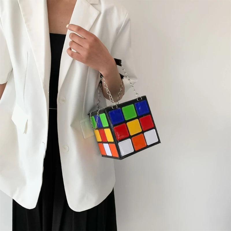 Women’s Geometric Cube Handbag | Colorful Square Box Shaped Clutch Bag | Minimalist Microfiber Synthetic Leather Evening Purse & Top-Handle Bag Luxegan