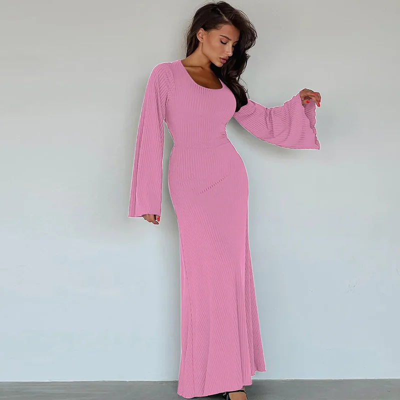 Long Flare Sleeved Maxi Floor-Length Dress | Summer Solid Color Casual Office Lady Dress | Premium High-Stretch Slim Fit Lace-Up Vestido | Elegant O-Neck Empire Waist Spring/Summer Long Gown Luxegan