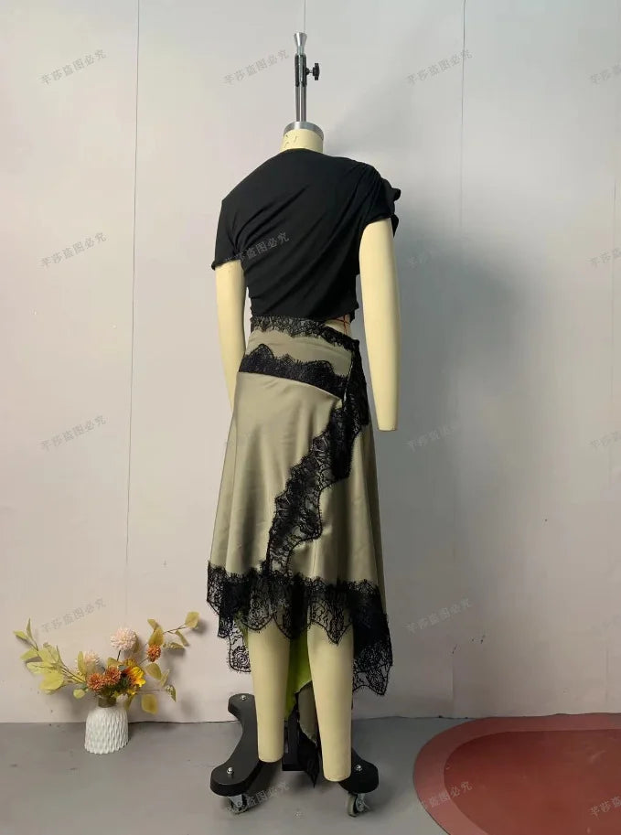 Women's Hollow Waist Lace Splicing Casual Dress | Spring Summer Solid Color Mid-Calf Dress | Elegant Round Neck Short Sleeve Sundress | Premium Non-Woven Slight Stretch A-Line Regular Fit Luxegan