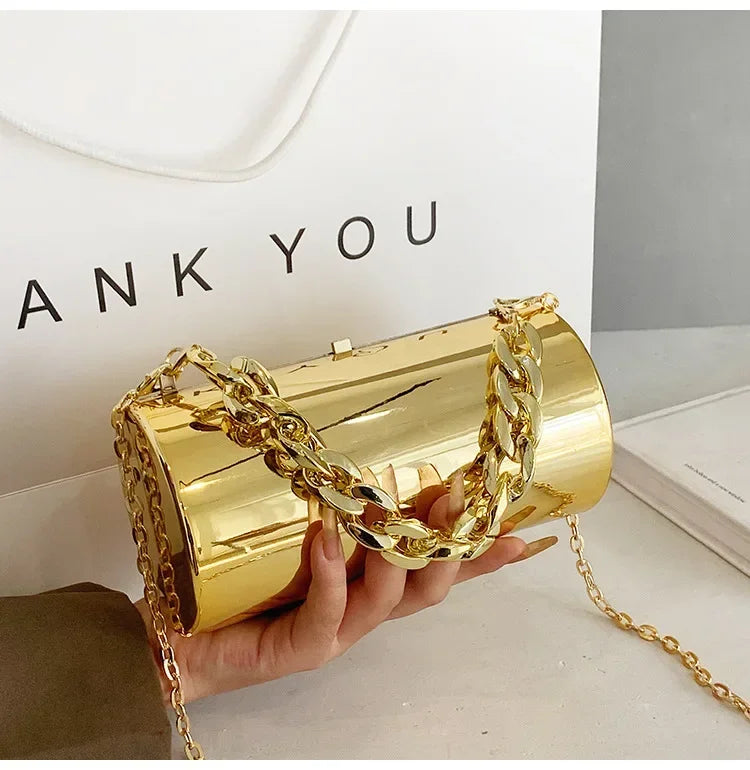 Hard Luxury Gold Cylinder Clutch | Metallic Crossbody Mini Evening Bag Luxegan