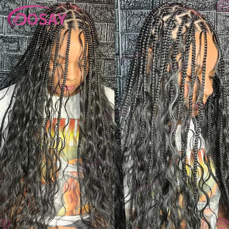 Boho Box Braided Wigs Synthetic Curly Wig Full Lace Front Wigs For Women 32" Goddess Braids Wig African Bohemian Braiding Hair Luxegan