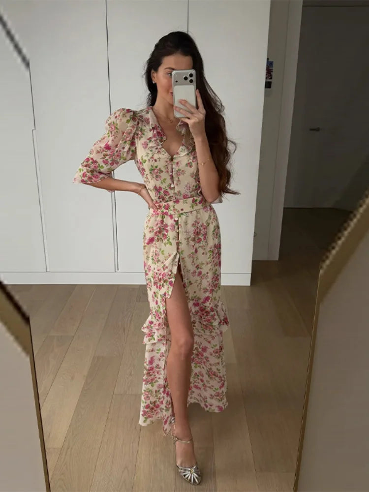 Organza Floral Printed Maxi Dress V-Neck  Puff Sleeve 2026 Spring/Summer Romantic Women Party Gown Fashion Elegant Lady Vestidos