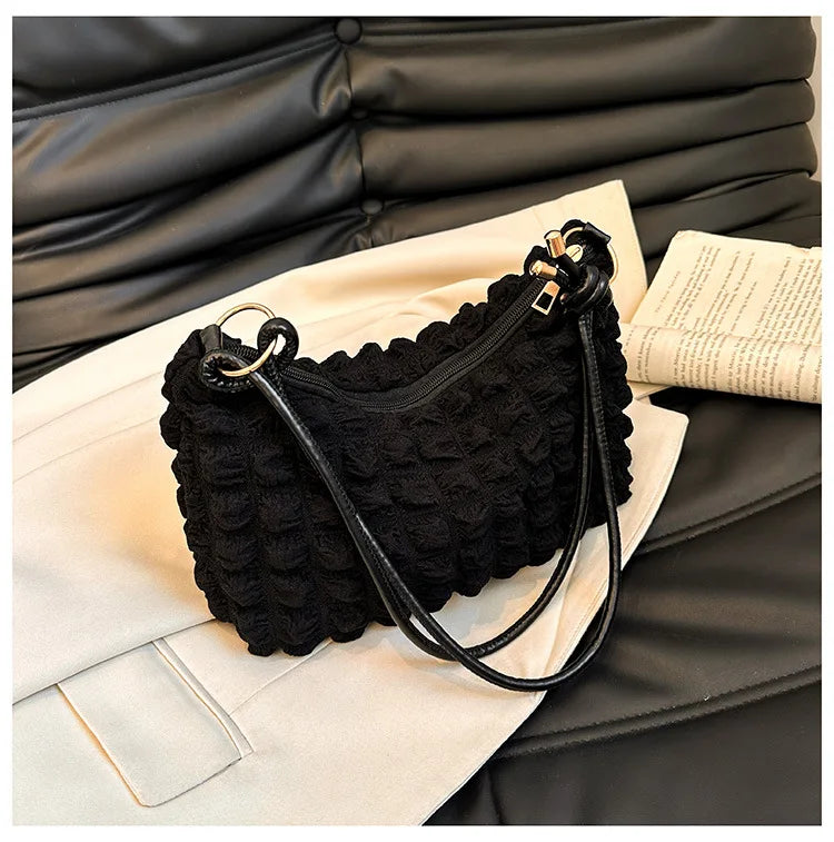 Canvas Wrinkle Bag for Women | Shoulder Bags & Pleated Bubbles Handbags (Padded Casual Underarm Quilted Tote Cloud Bag Purse) Luxegan