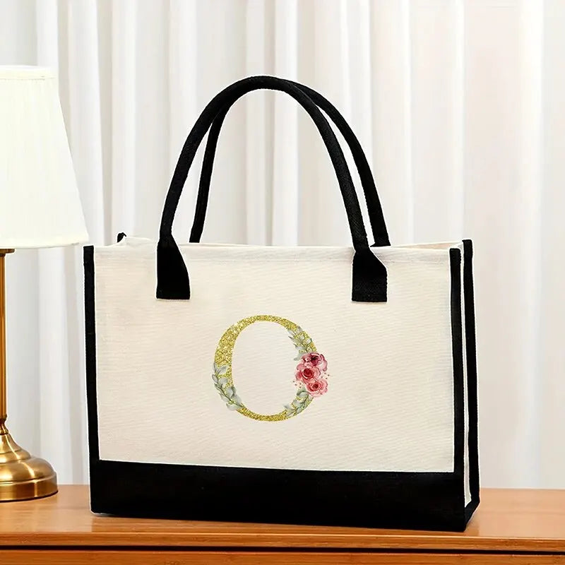 Canvas Gold Letter Fashion Tote Bag | Trendy Metallic Initial Handbag | Large Capacity Canvas Shopping Bag & Daily Satchel for Women Luxegan