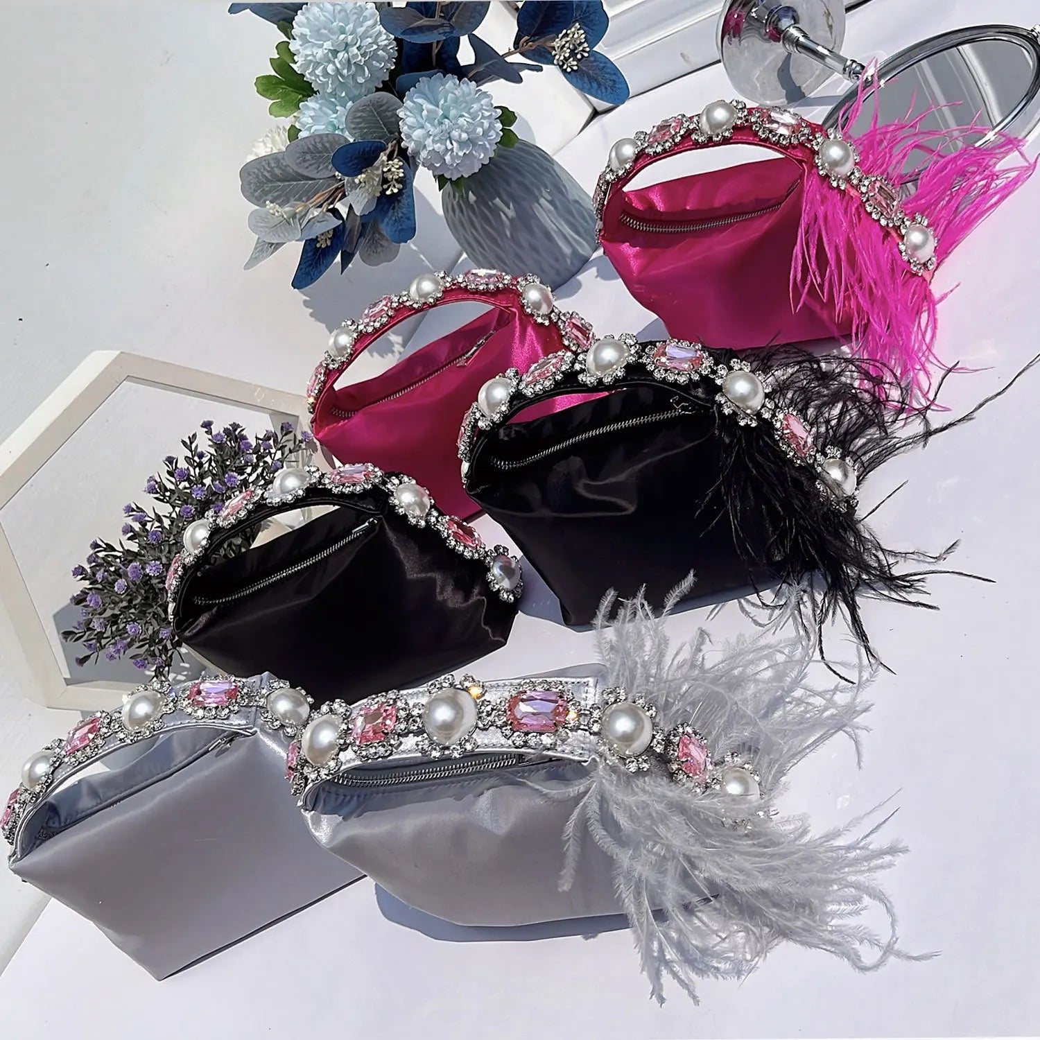 Luxury Feather & Pearl Evening Clutch | Designer Satin Wedding Purse with Diamond Decoration | Fashionable Sparkling Square Party Tote | Elegant White Satin Flap Handbag Luxegan