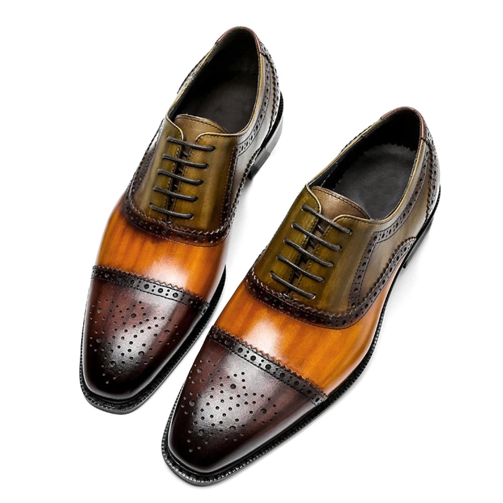 Color Block Genuine Leather Oxford Shoes | Sophisticated Tricolor Cap Toe Brogues | Elegant "Full Grain Cowhide" Silhouette | "Dignified" Gentleman’s Dress Shoes for Radiant Versatile Business & Party Styling Luxegan
