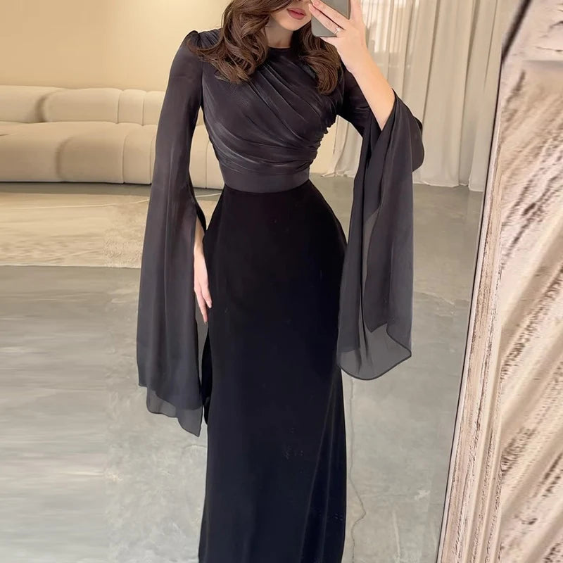 Solid Round Neck Batwing Sleeve Folded Detail Slim Fit A-Line Ankle-Length Dress – Autumn Luxegan