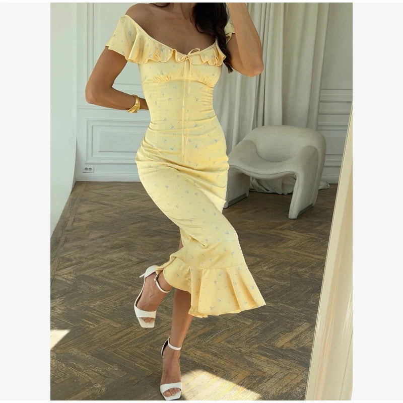Floral Print V-Neck Cap Sleeve Ruffle Detail Slim Fit Sheath Midi Dress – Elasticated Waist, Spring/Summer Luxegan