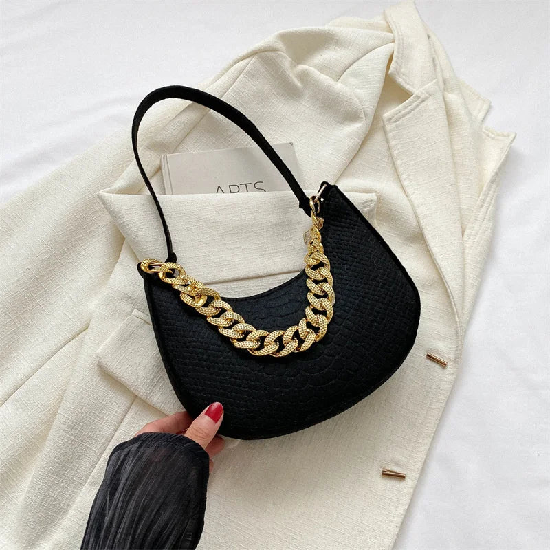 Fashion Women's Felt Handbag | Imitation Metal Chain Underarm Bag (Retro Ladies Solid Color Shoulder Bag, Trendy Casual Clutch Purse) Luxegan