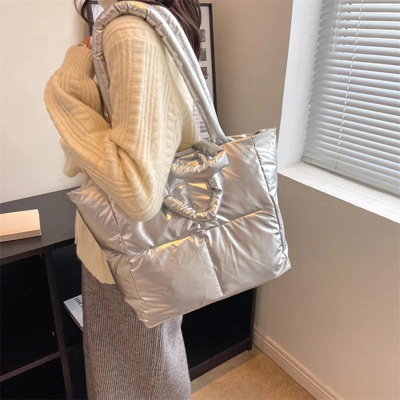 Designer Puffy Shoulder Bag Women Quilted Space Down Feather Padded Cotton Handbag | Winter Large Capacity Warm Shopping Purse Luxegan