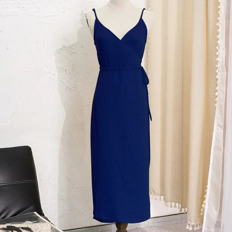Solid V-Neck Spaghetti Strap Sash Tie Slim Fit A-Line Midi Dress – Cotton Crepe de Chine, Empire Waist, Summer Luxegan