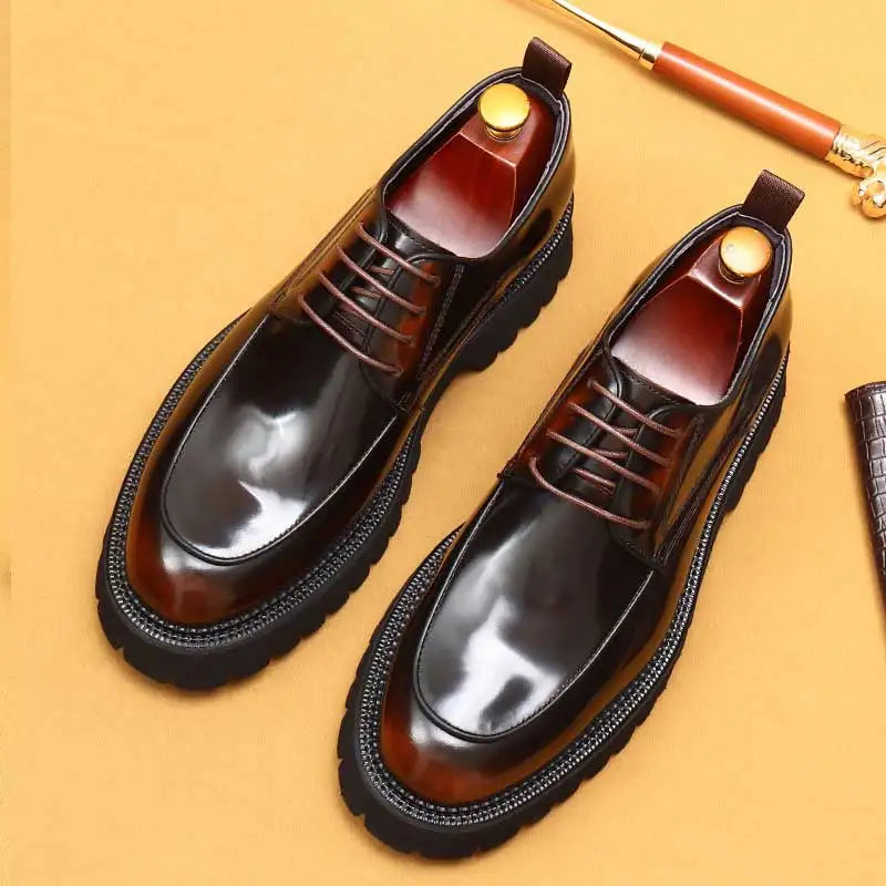 Designer Glossy Leather Derby Shoes | Sophisticated Thick-Sole Round-Toe Footwear | Elegant "Waxed Cowhide" Silhouette | "Dignified" British Style Lace-Up Shoes for Radiant Versatile Office & Career Styling Luxegan