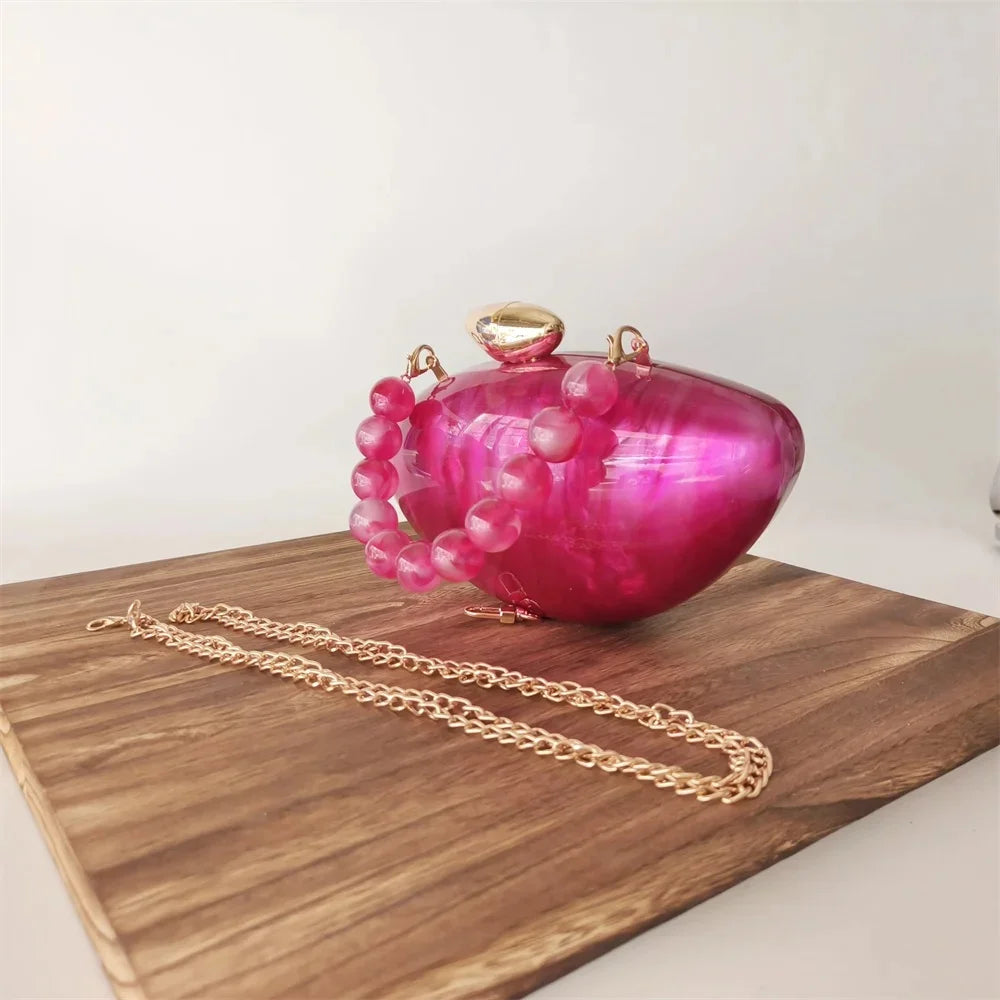Hard Acrylic Marble Box Clutch | Pearl Chain Evening & Bridal Handbag