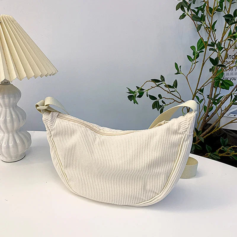 Solid Color Corduroy Women's Hobos Shoulder Bag | Retro Casual Female Crossbody Bags | Ladies Daily Travel Handbags Messenger Bag Luxegan