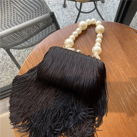 High-Quality Black Evening Handbag | Tassel Small Square Dinner Bag | Elegant Pearl Chain Clutch | Luxury Acrylic & Wool Mixed Minaudière for Women Luxegan