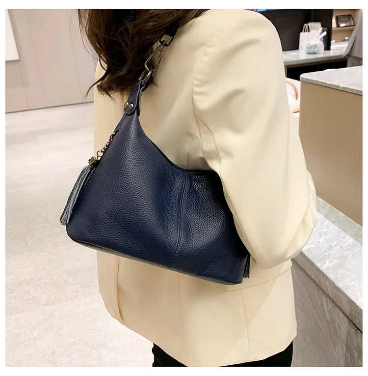Genuine Leather Women's Bags | Fashion Tassel Women's Handbags & Crossbody Bags (Solid Colours Satchel Large Capacity) Luxegan
