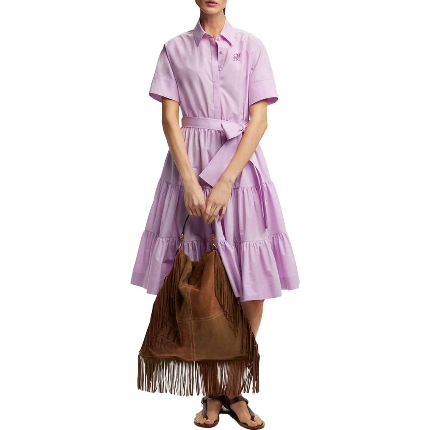 Lapel Collar Short Sleeve Bow Belt Embroidered Fringe A-Line Midi Dress | Elegant Office Lady Casual Shirt Dress Luxegan