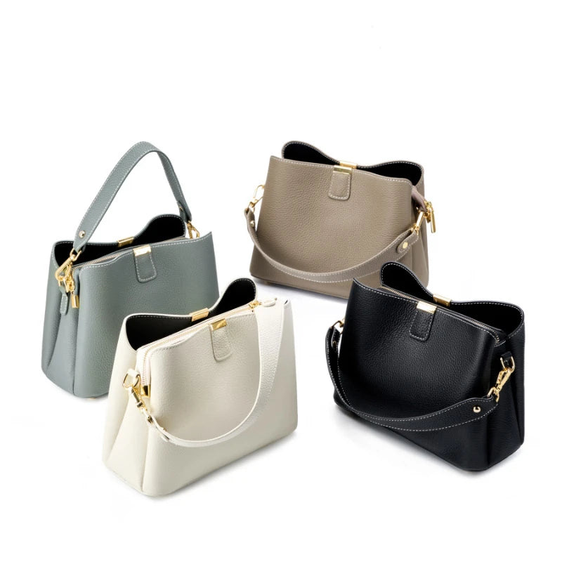 100% Cow Genuine Leather Bucket Bag | Luxury Designer Wide Strap Tote Luxegan