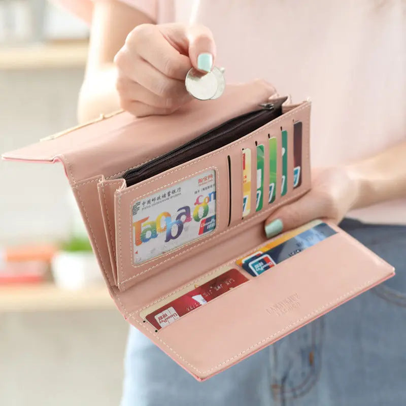 Women Student Cute Bowknot PU Leather Wallet Trifold Large Capacity Card Holder Money Purse Long Phone Handbag