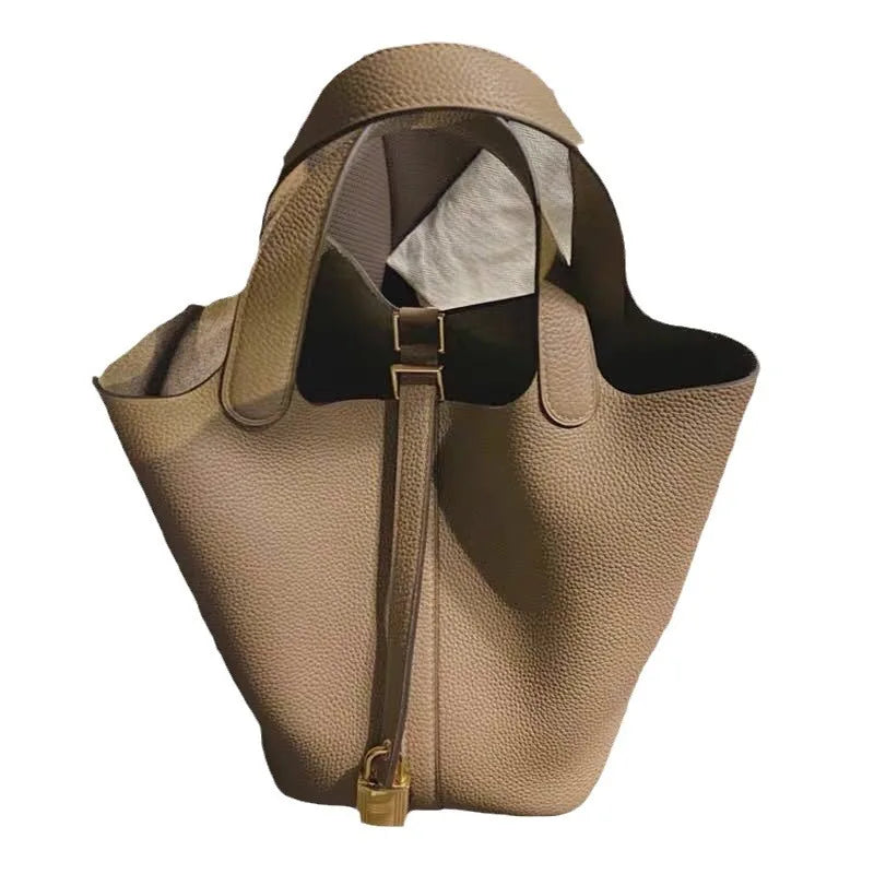 Stylish Bucket Shopping Tote Bag for Women | Soft PU Litchi Pattern Handbag with Lock & Small Horse Scarf (Classic, Versatile) Luxegan