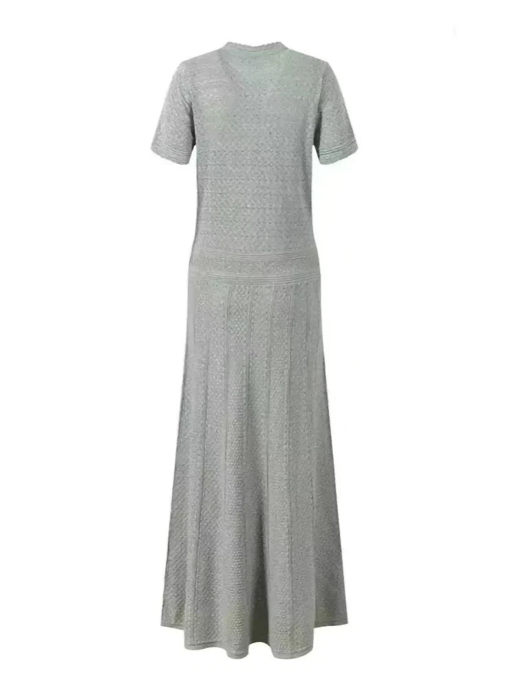 O-Neck Pearl Button Knit Midi Dress | Short Sleeve Slim Elegant Office Lady Spring Summer Dress Luxegan