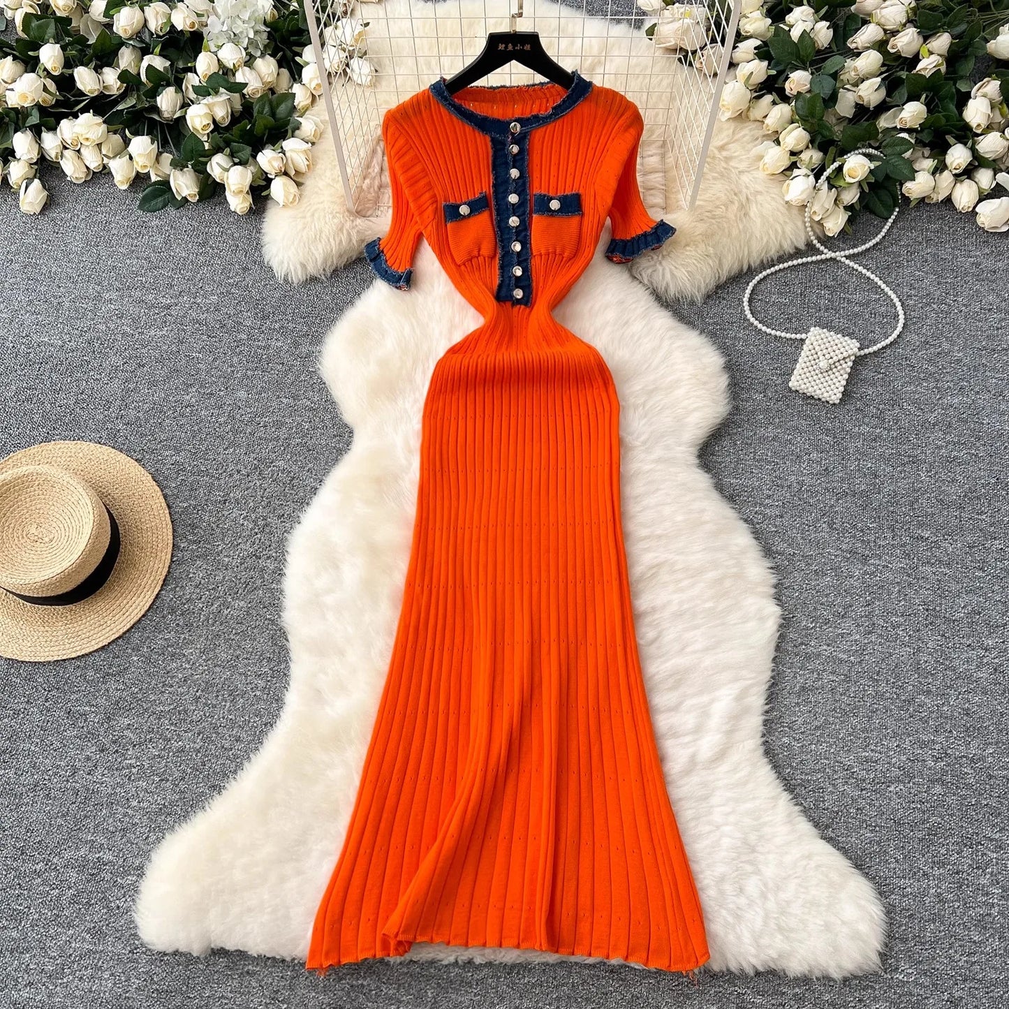Chic Sexy Packages Knitted Maxi Dress | Vintage Denim Patchwork Long Sweater Dress | Elegant Button Accent O-Neck Slim Party Gown | Premium Medium Stretch A-Lineidos Luxegan