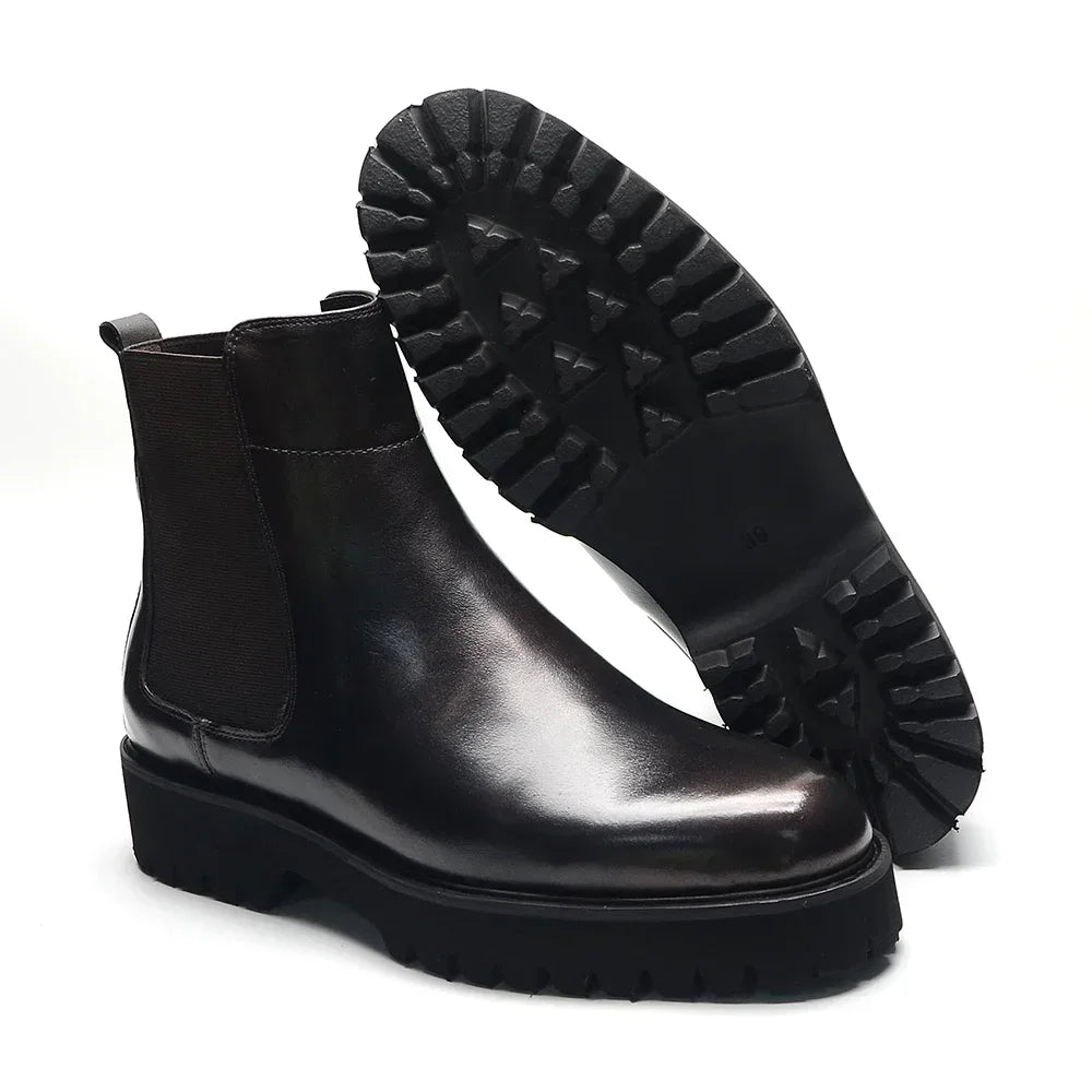 British Style High Top Men's Chelsea Boots | Classic Luxury Genuine Leather (Height Increasing, Elastic Band) Luxegan
