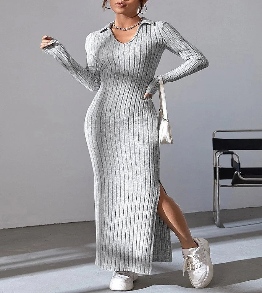 Women's New Knitted Slim Lapel Long Sleeve Dress | Elegant Pit Strip Solid Color Tight Skirt | Office Lady Medium Stretch Ankle-Length Sheath Vestido Model GZ2401062 Luxegan