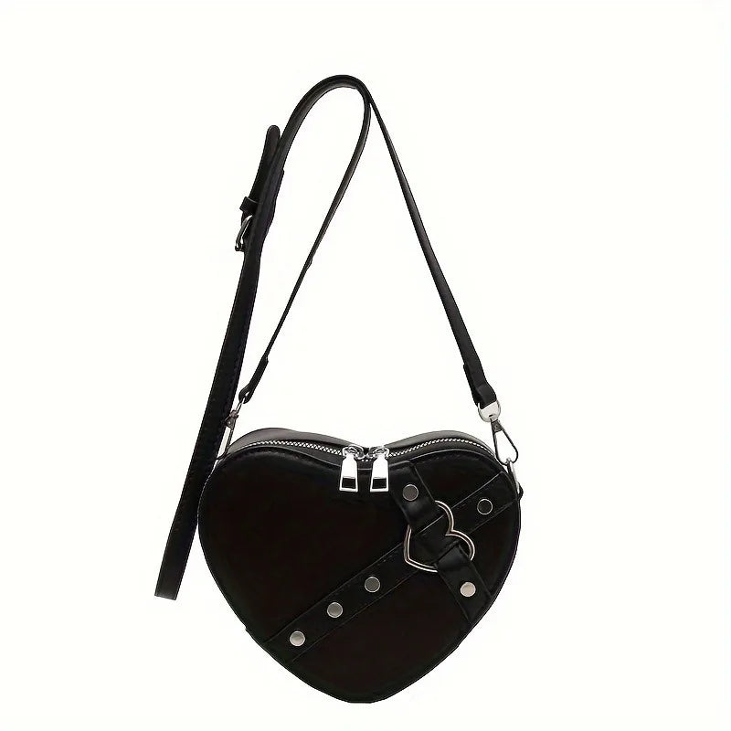Love Heart Solid Color Zipper Crossbody Bag | Punk Rivet Style PU Leather Wallet Handbag for Women Luxegan