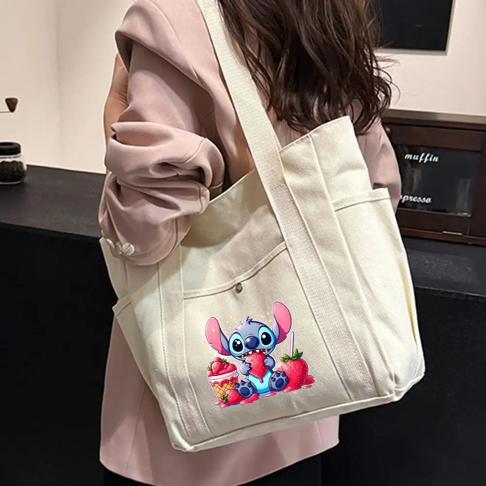 Lilo & Stitch Large Canvas Tote Bag | College Style Commuter & Student Shoulder Bag | Cartoon Shopping Handbag (Unisex) Luxegan