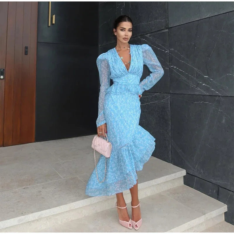 Flutter Sleeves Slim Long Dress Women Casual Pleated Deep V-neck Floral Print High Waist Dresses 2026 Lady Summer Holiday Wear